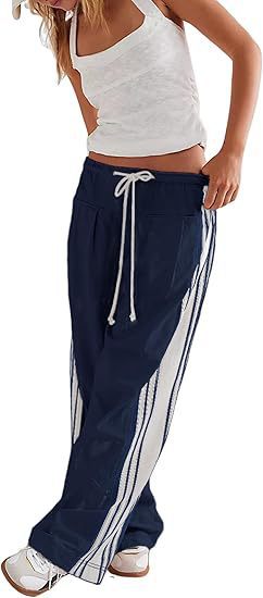 Women Y2k Track Pants Side Striped Wide Leg Baggy Pants Casual Drawstring Waist Parachute Sweatpants Streetwear