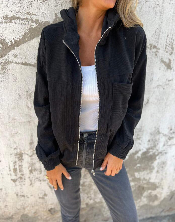 Corduroy Drawstring Hooded Pocket Zip Up Jacket Loose Shacket Coat - Seldom Seen Styles