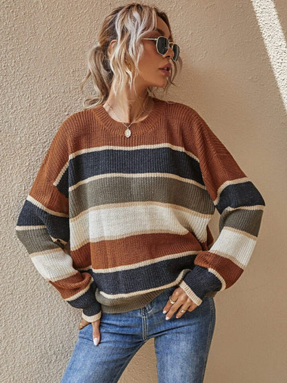 Women's Colorblock Striped Print Drop Shoulder Sweater, Soft Casual Long Sleeve Round Neck Jumper for Fall & Winter, Fashion Ladies' Knitwear for Daily Wear
