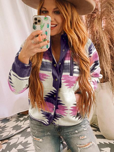 Women's Geometric Print Pocket Button Front Zipper Polar Fleece Spring Jacket, Casual Stand Collar Long Sleeve Coat for Fall & Winter, Women's Clothes for Daily Wear, Jackets & Coats, Fall Outfits, Fall Clothes, Preppy 80s Clothes - Seldom Seen Styles