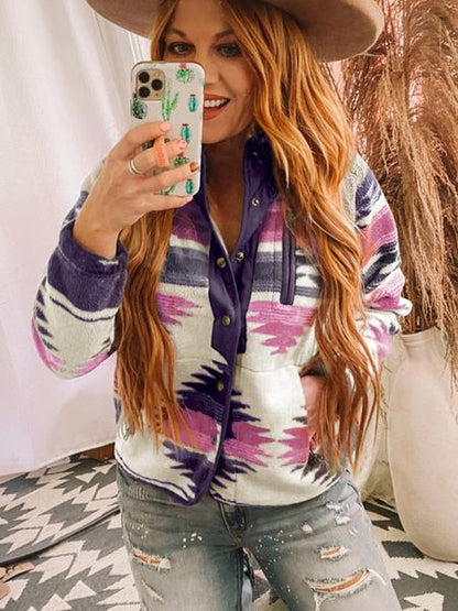 Women's Geometric Print Pocket Button Front Zipper Polar Fleece Spring Jacket, Casual Stand Collar Long Sleeve Coat for Fall & Winter, Women's Clothes for Daily Wear, Jackets & Coats, Fall Outfits, Fall Clothes, Preppy 80s Clothes