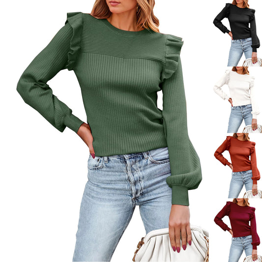 Amazon Cross-Border Women's Ruffled Shoulder Long Sleeve Sweater round Neck Slim Fit2023Autumn and Winter Rib Knitted Top