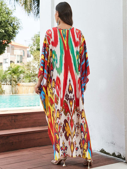 [Plus Size] Butterfly/feather Print Ruched Split Hem Tunic Dress, Valentine's Day Elegant Batwing Sleeve V Neck Long Dress for Summer, Casual Womenswear, Gift, Homecoming Dresses, Women's Clothes for Beach Holiday Vacation, Moo Moo Dresses