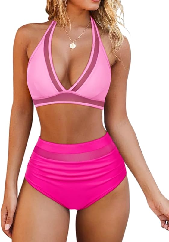 Women Mesh High Waisted Bikini Set Sexy V Neck Tummy Control Swimsuit Bathing Suit - Seldom Seen Styles