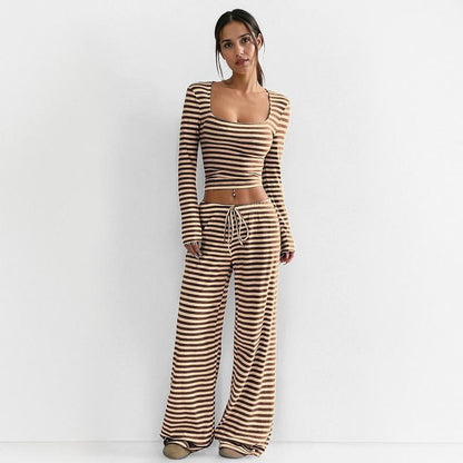 Women's Slouchy Square Neck Stripe Long Sleeve Crop Top & Low-Rise Wide Leg Trousers Co-ord, Minimalist Two Piece Outfits, Cozy Womenswear