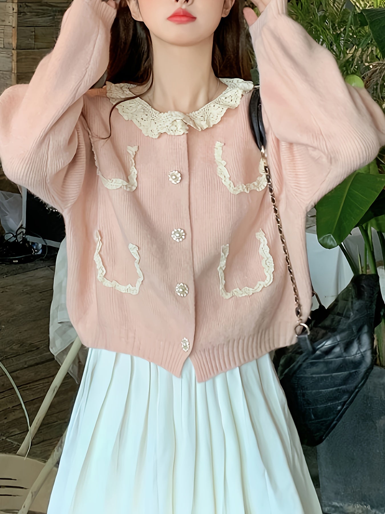 Lace Stitching Button Front Knitted Cardigan, Cute Casual Long Sleeve Cardigan For Spring & Fall, Women's Clothing