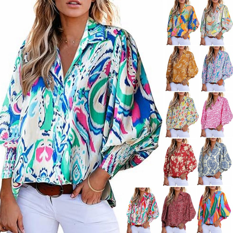 Astylish Women 2024 Loose V-Neck Shirts Paisley Print Lantern Sleeve Blouse Tops