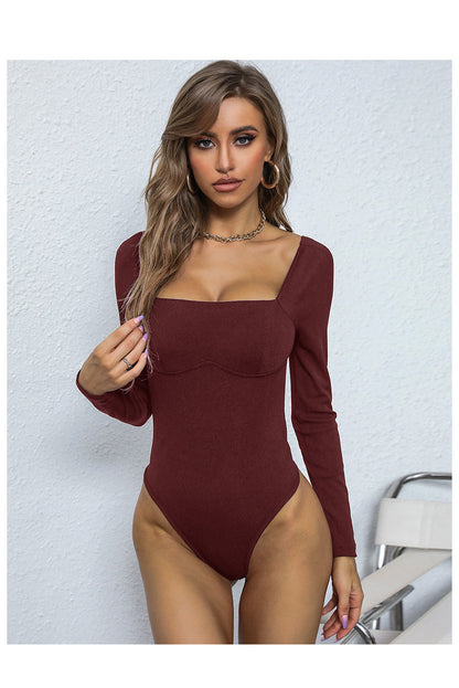 Women's Long Sleeve Bodysuit Shapewear Top Square Neck Bodysuit Halloween One Piece Basic Backless