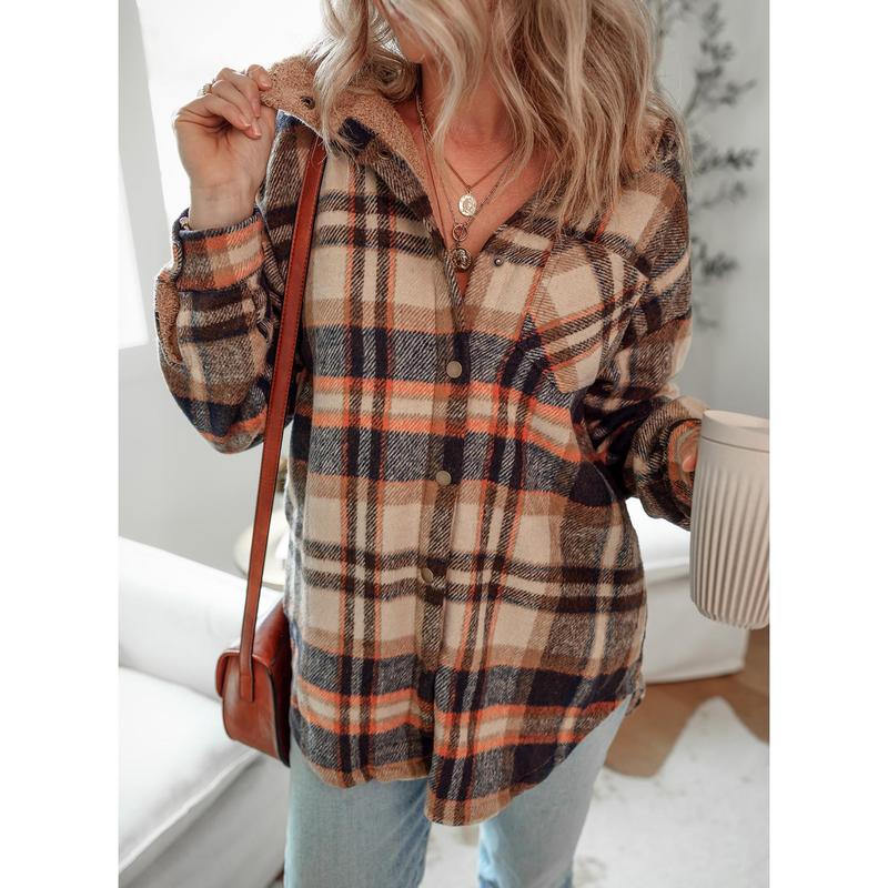 Women's Flannel Hooded Plaid Fuzzy Fleece Jacket - Seldom Seen Styles