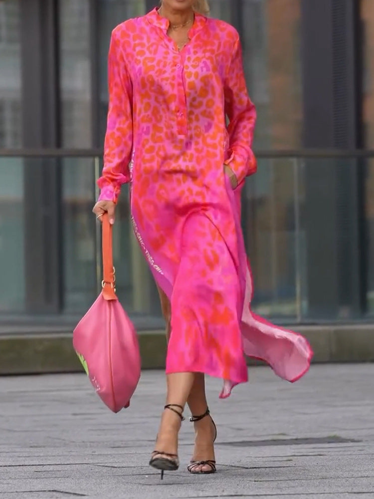 Women's Leopard Print Long Sleeve Split Maxi Dress V Neck Button Flowy Long Dress with Pockets Fashion Streetwears - Seldom Seen Styles