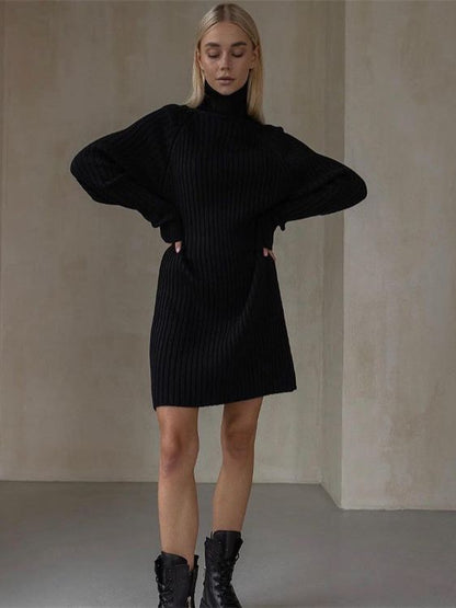 Long Sleeve High Collar Sweater Dress Women Casual Loose Thick Sunken Stripe Solid Color Sheath 2023 Autumn and Winter Knitting Dress