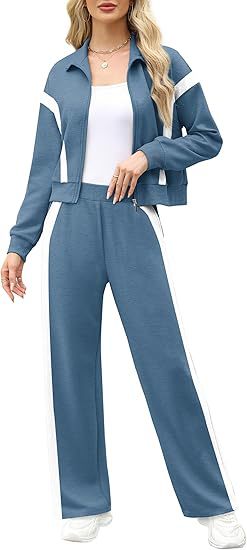 Women's 2 Piece Lounge Outfits Zip Up Sweat Set Contrast Striped Wide Leg Jogging Pants Travel Track Suit
