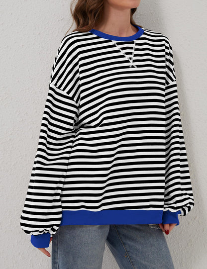 Womens Striped Oversized Sweatshirt Color Block Crew Neck Long Sleeve Casual Loose Pullover Top Y2K Clothes