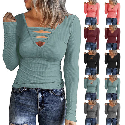 Women's Plain Twist Cut Out V Neck Tee, Casual Long Sleeve Ribbed T-shirt for Summer, Ladies  Tops  Clothes for Daily Wear