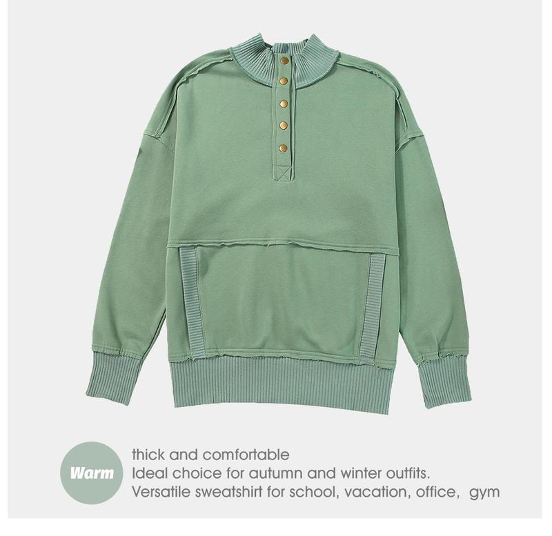 2025 Women's Fall Pullover Mockneck Button Down Ribbed Fit Lightweight Cozy Oversized Long Sleeve Sweatshirt Kangaroo Pocket for Everyday Wear - Seldom Seen Styles