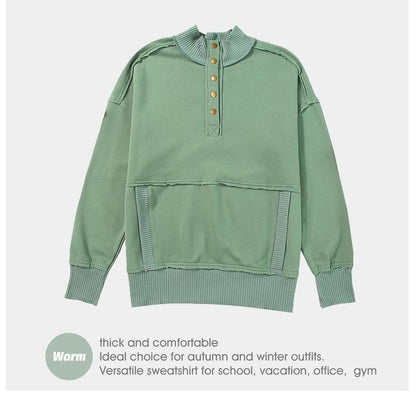 2025 Women's Fall Pullover Mockneck Button Down Ribbed Fit Lightweight Cozy Oversized Long Sleeve Sweatshirt Kangaroo Pocket for Everyday Wear