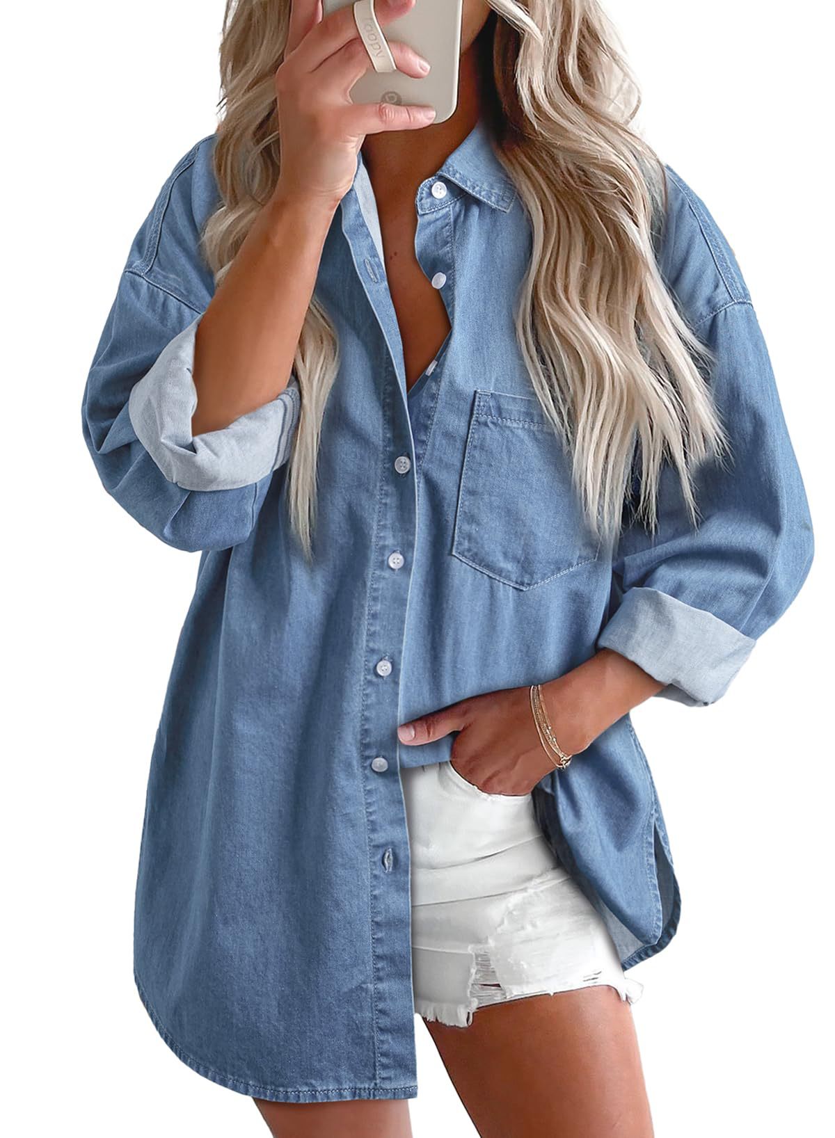 Astylish Dam 2024 jeansskjortor Button Down blus Långärmad V-ringad Casual Topp 