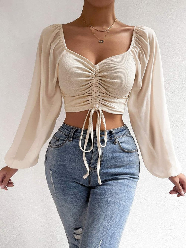 2024Amazon AliExpress Summer NewVCollar Chiffon Drawstring Lantern Sleeve Skinny Fashion Sexy Shirt Top