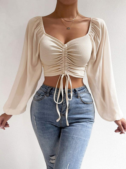 Summer NewVCollar Chiffon Drawstring Lantern Sleeve Skinny Fashion Sexy Shirt Top