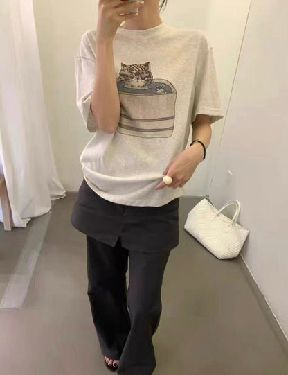Vintage Katzen-T-Shirt mit Grafik – Süßer Kätzchen-Print, lockere Passform, lässiger Stil im Korea-Look