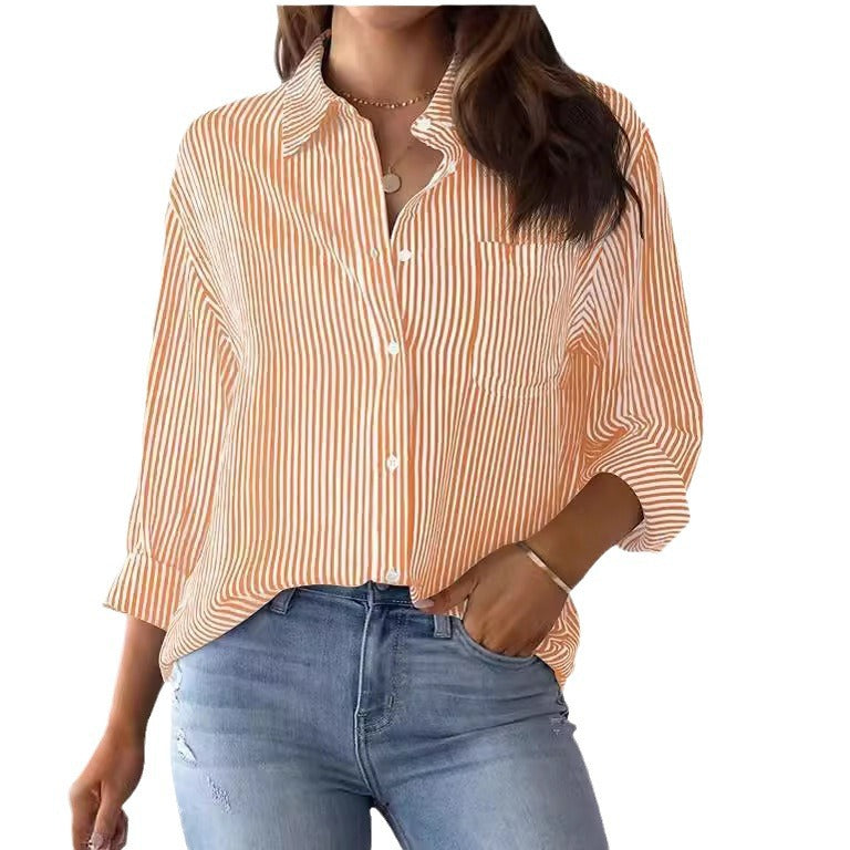 AISEW Womens Button Down Shirts Striped Classic Long Sleeve Collared Office Work Blouses Tops with Pocket