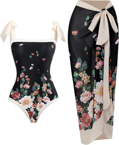 Women's 2 Pieces Sarong Swimsuit Set Sleeveless Floral Print Swimwear with Cover Up Bathing Suits Beachwear - Seldom Seen Styles