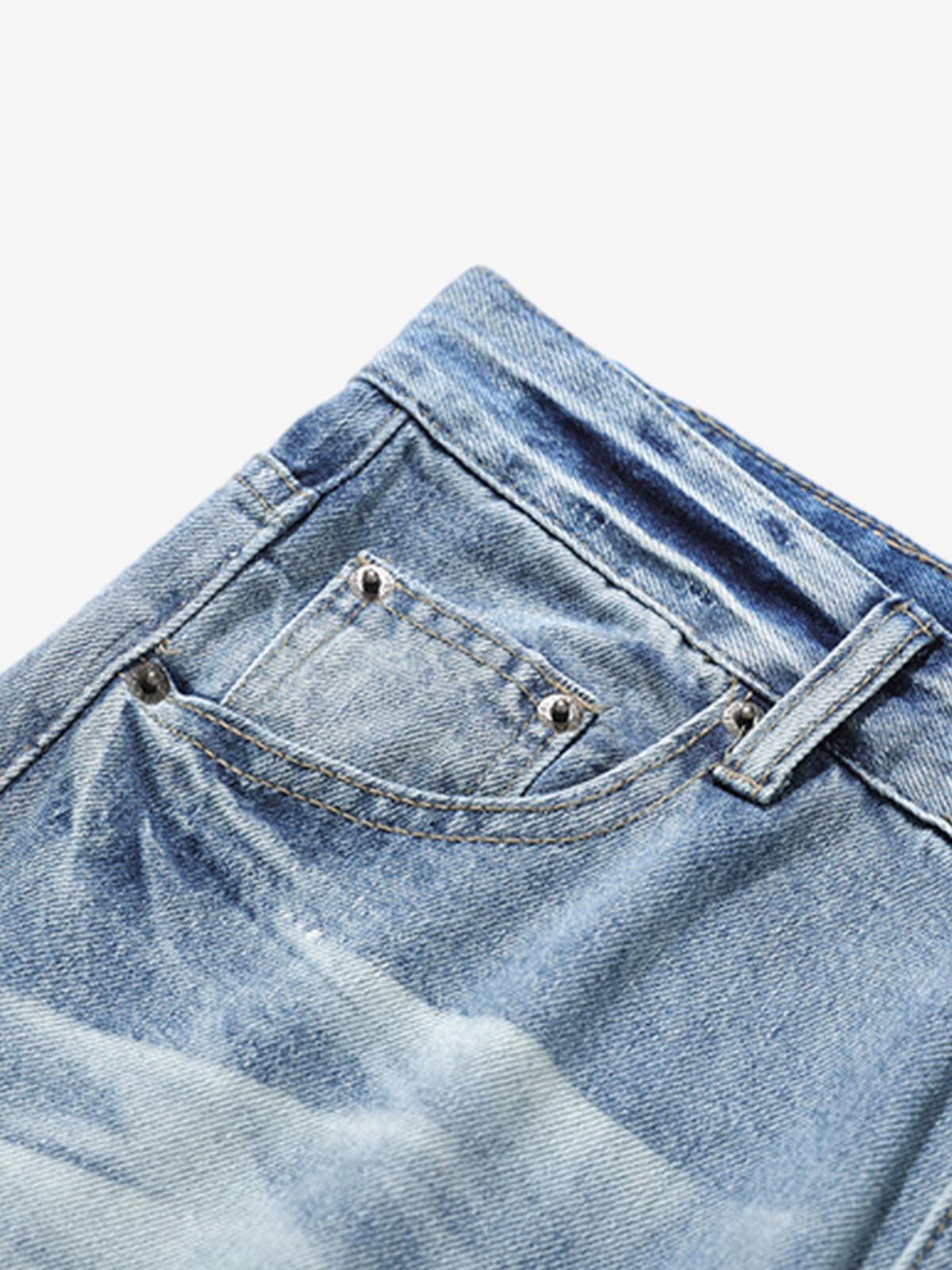 Hip-Hop Cut Distressed Washed Jeans 