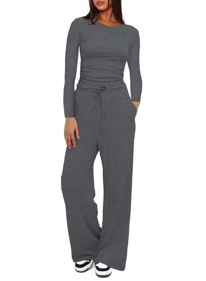 Two-piece Set Women's Solid Ruched Tee & Drawstring Pocket Pants Pajamas Set, Casual Long Sleeve T-shirt & Elastic Waist Trousers, Ladies Sleepwear  Loungewear for All Seasons - Seldom Seen Styles