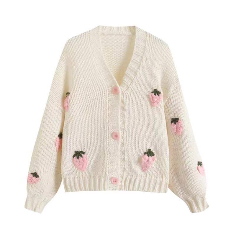 2024Autumn and Winter New Temperament WildVCollar Knitted Cardigan Fashionable Jacket Retro Twist Strawberry Embroidered Sweater