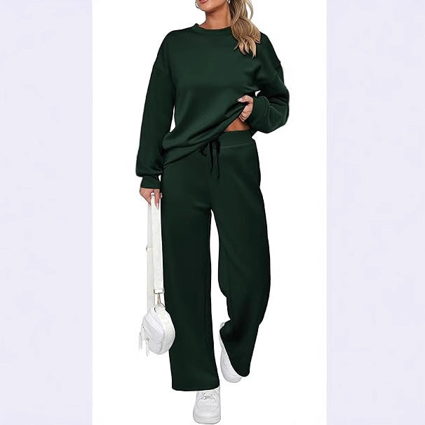 Pink Queen Women's 2 Piece Lounge Outfit Sweater Set Long Sleeve Crop Knit Top and Wide Leg Long Pants Sweatsuit - Seldom Seen Styles