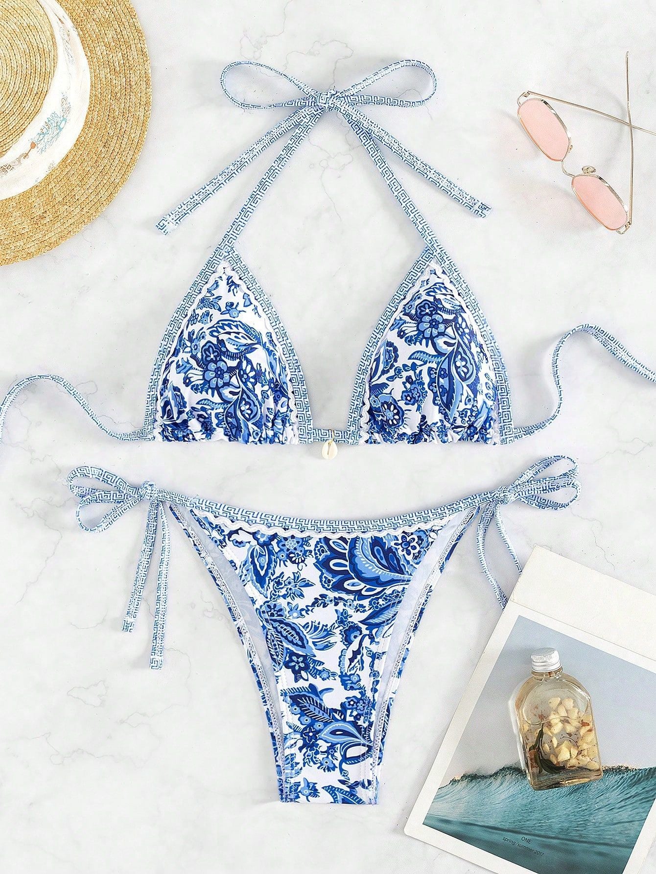 floral bathing suit  New  Blue and White Porcelain Print Lace-up  bikini Split Swimsuit - Seldom Seen Styles