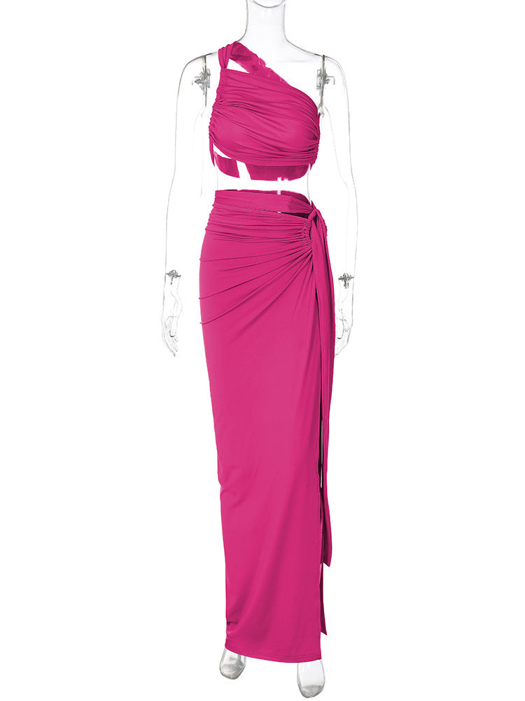 Maxikleid mit Schlitz, One-Shoulder-Kleid, zweiteiliges Rockset, sexy rotes One-Shoulder-Kleid