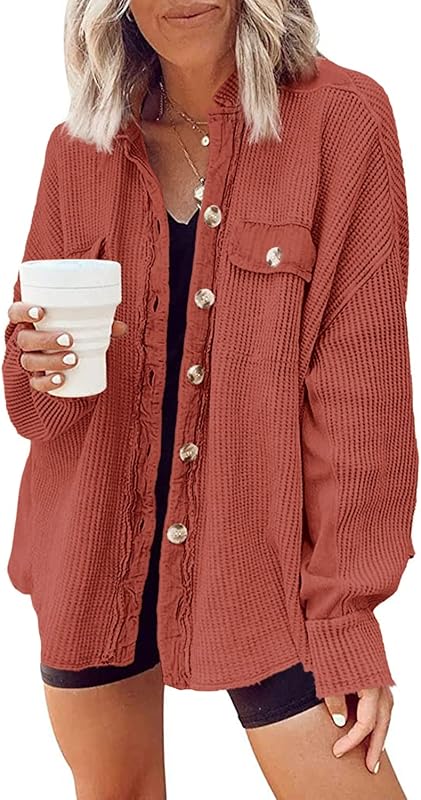 Yanekop Womens Waffle Knit Shacket Oversized Shirt Jacket Button Down Blouse Loose Fit Long Sleeve Tops