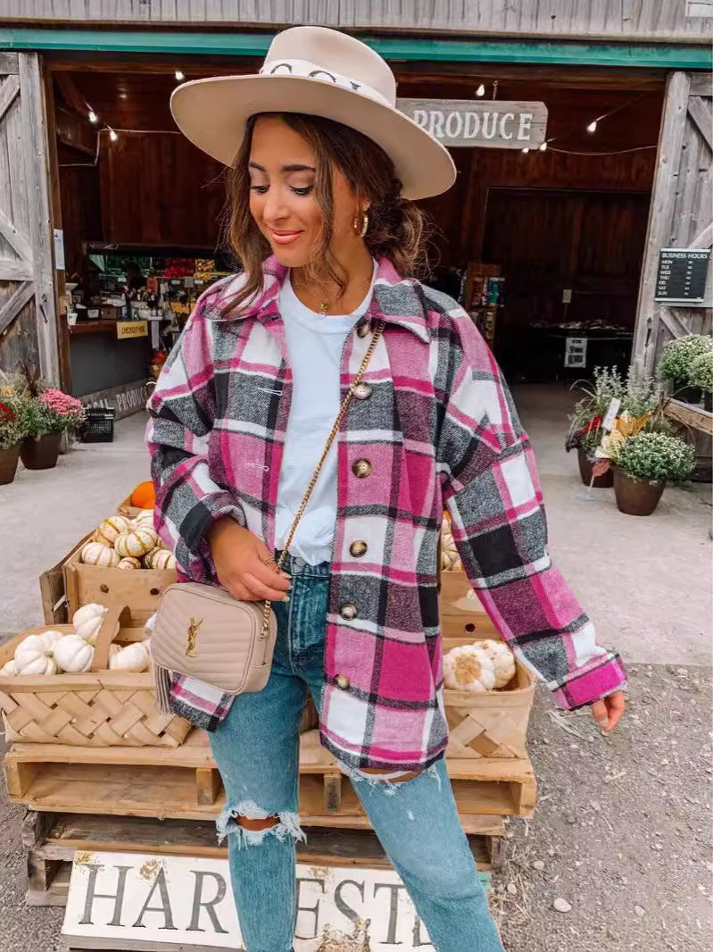 European and american hot2024ebay Amazon wish Autumn and Winter New Fashion Large Plaid Shirt Women's Woolen Coat