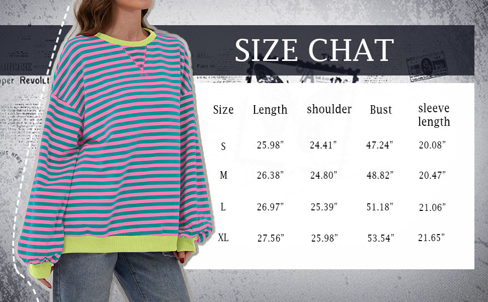 Womens Striped Oversized Sweatshirt Color Block Crew Neck Long Sleeve Casual Loose Pullover Top Y2K Clothes