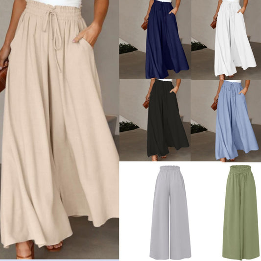 Womens Plus Size Wide Leg Pants Casual Elastic High Waist Flowy Pants Drawstring Palazzo Pants with Pockets - Seldom Seen Styles