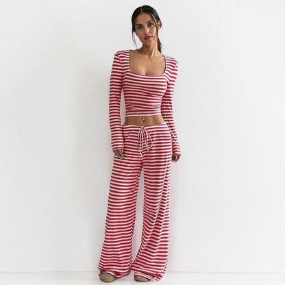 Women's Slouchy Square Neck Stripe Long Sleeve Crop Top & Low-Rise Wide Leg Trousers Co-ord, Minimalist Two Piece Outfits, Cozy Womenswear
