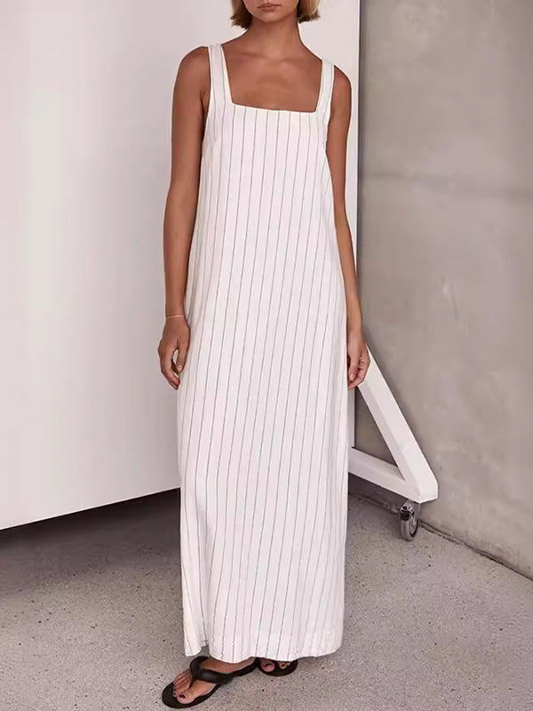A-Line Loose Striped Square-Neck Maxi Dresses - Seldom Seen Styles