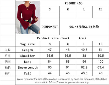 Women's Bell Sleeve Crop Tops Dressy Casual Crewneck Lettuce Trim Ribbed Fitted Shirts