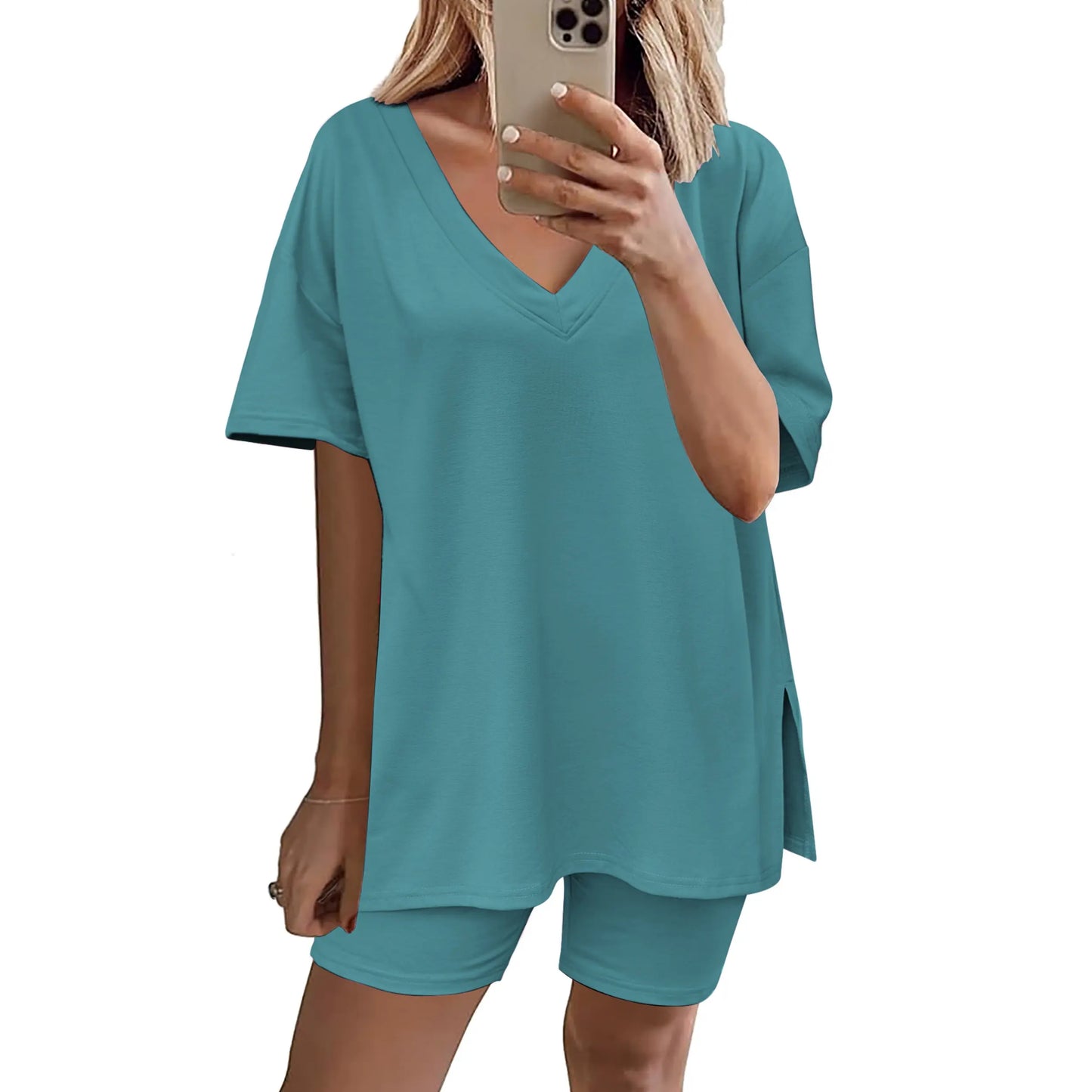 Mother's Day EKOUAER V-neck Two-Piece Pajama Set For Women Summer Casual Oversized Split Hem Shirts & Biker Shorts Minimalist Lounge Wear Soft Homewear Cozy Pjs Clothes Comfy - Seldom Seen Styles