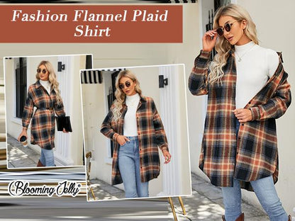 Women's Button Down Flannel Shirts Plaid Shacket Long Sleeve Collared Long Jacket Coats #Springtok
