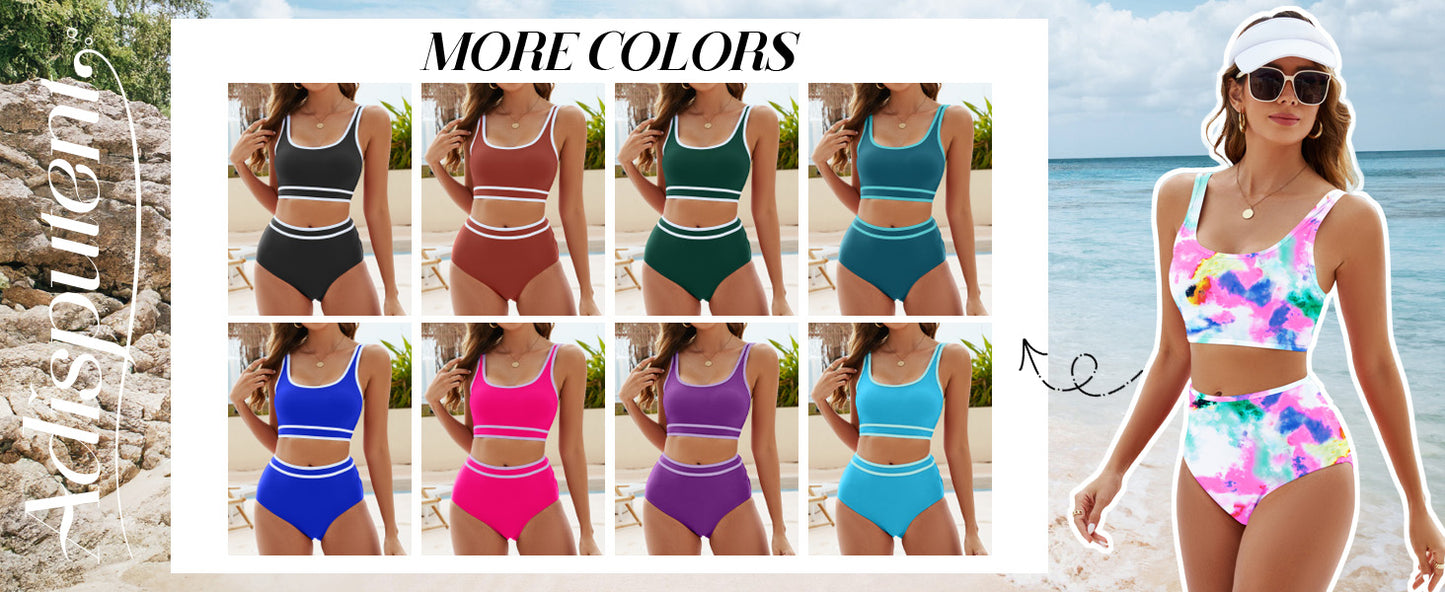 Womens High Waisted Bikini Color Block Swimwear Bandeau Top Sports Style Scoop Crop Swimsuit 2 Piece Bathing Suits - Seldom Seen Styles