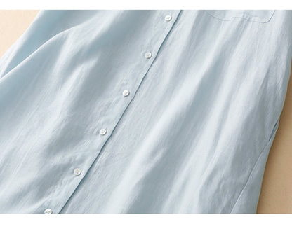 Light Blue Linen Short Sleeve Button Down Shirt Dress Collared Loose Fit Casual Midi Dress