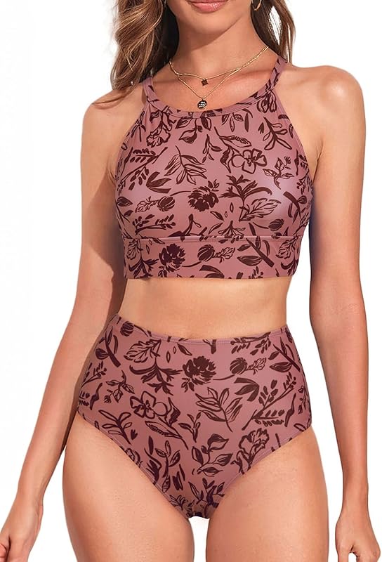 Women's Bikini Sets High Neck Tropical Leaf Print High Waisted Two Pieces Swimsuits Bathing Suits - Seldom Seen Styles