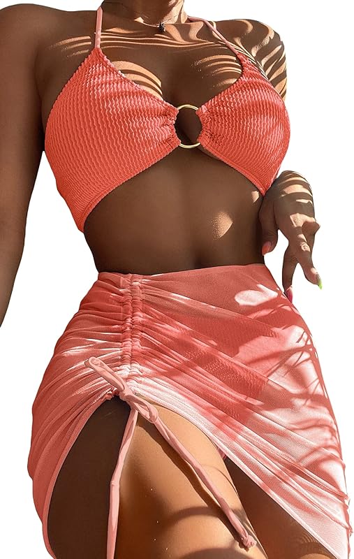 Women's 3 Piece Bathing Suits Halter Ring Bikini Set with Cover Up Skirts - Seldom Seen Styles