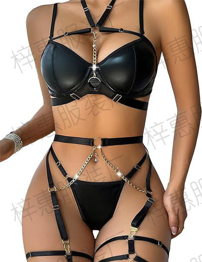 Women's Exotic Lingerie Sets Sexy Strappy Leather Rave Outfits Babydoll Garter with Underwire Push Up Bra and Chains