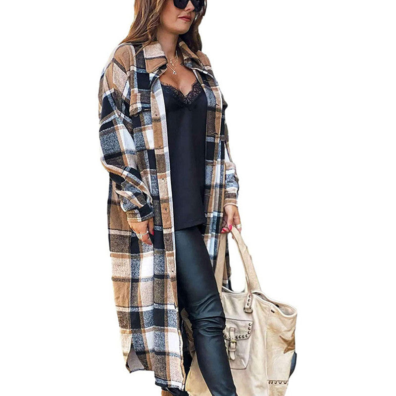 Women's Casual Wool Blend Long Plaid Shirt Jacket Button Down Pocketed Shirt Shacket