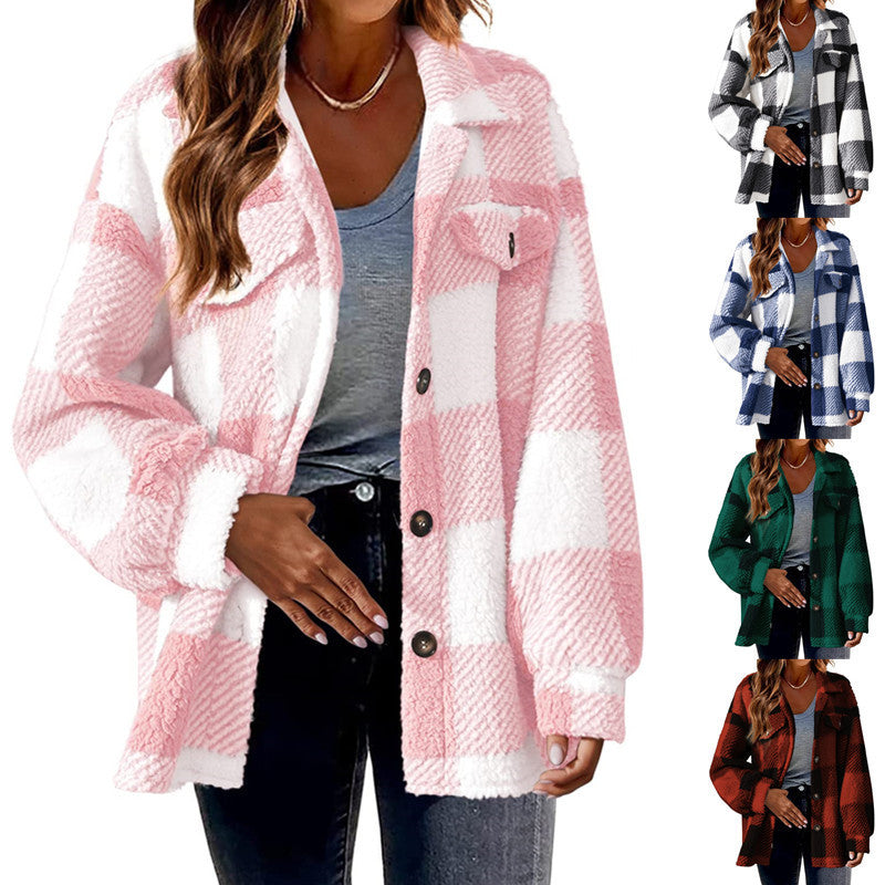 Plaid Pattern Button Front Jacket, Elegant Long Sleeve Warm Coat, Autumn and Winter, Women's Clothing