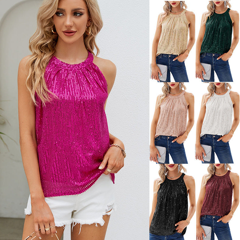 Sequin Halter Tops for Women Sleeveless Sparkly Shiny Tank Tops Ruched Flowy Sparkly Club Outfits Party Shirt