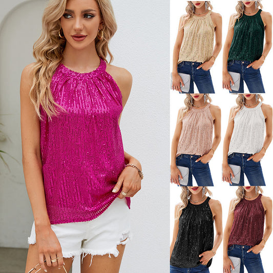 Sequin Halter Tops for Women Sleeveless Sparkly Shiny Tank Tops Ruched Flowy Sparkly Club Outfits Party Shirt